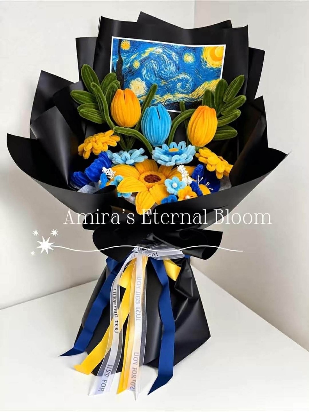 Handcrafted Yellow & Blue Flower Bouquet